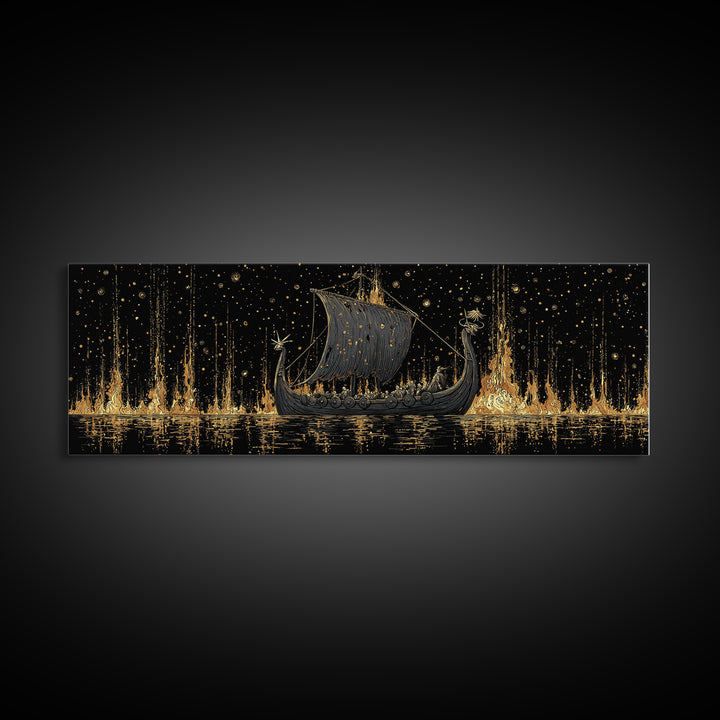 Nordic Viking Warriors Canvas Gold Art Canvas Art, Mythology Office Wall Hanging in natural wood frame, Gift for Him Decor
