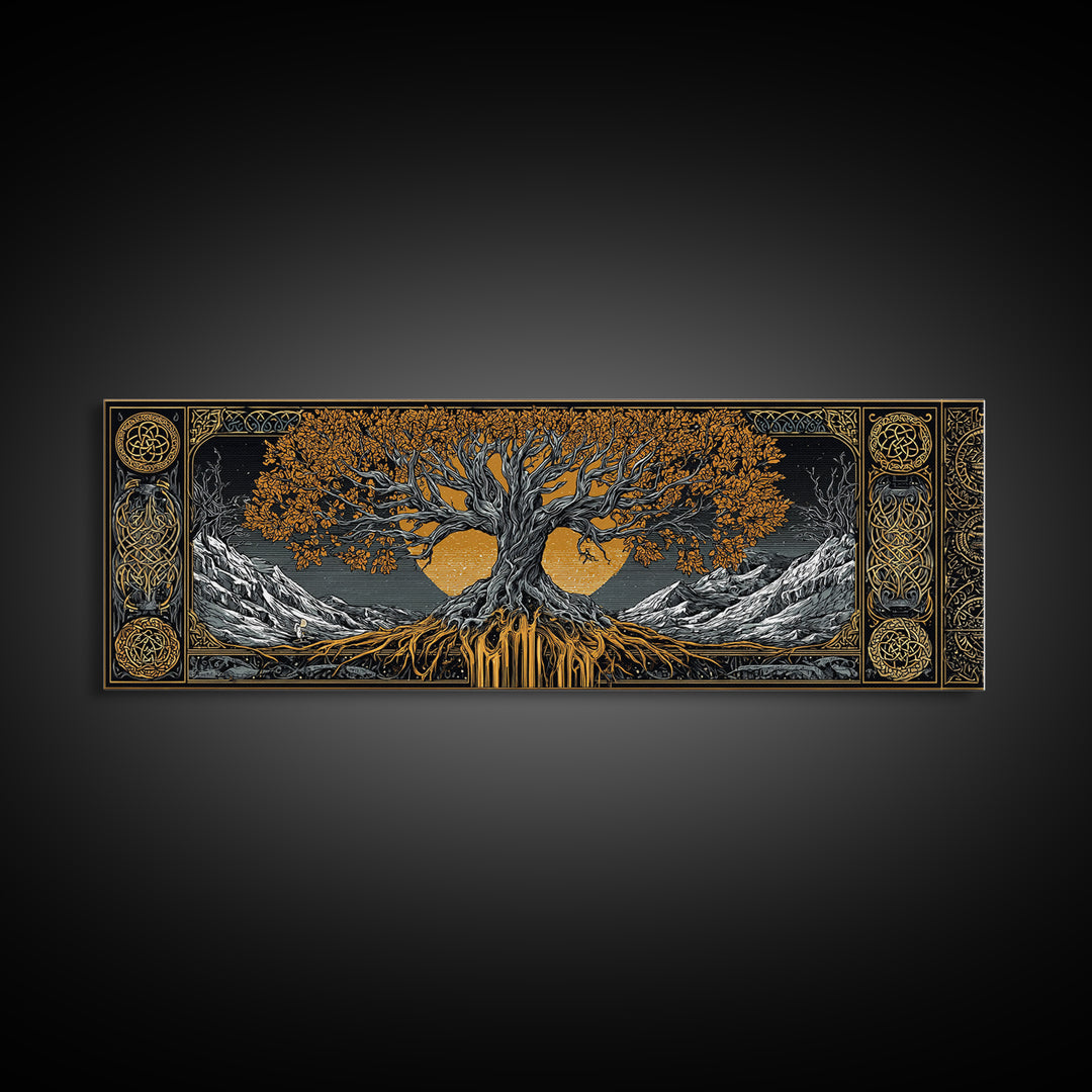Yggdrasil Canvas Gold Art Nordic Wall Decor, Viking Mythology Canvas Art Framed in Natural Wood, Man Cave or Office Art