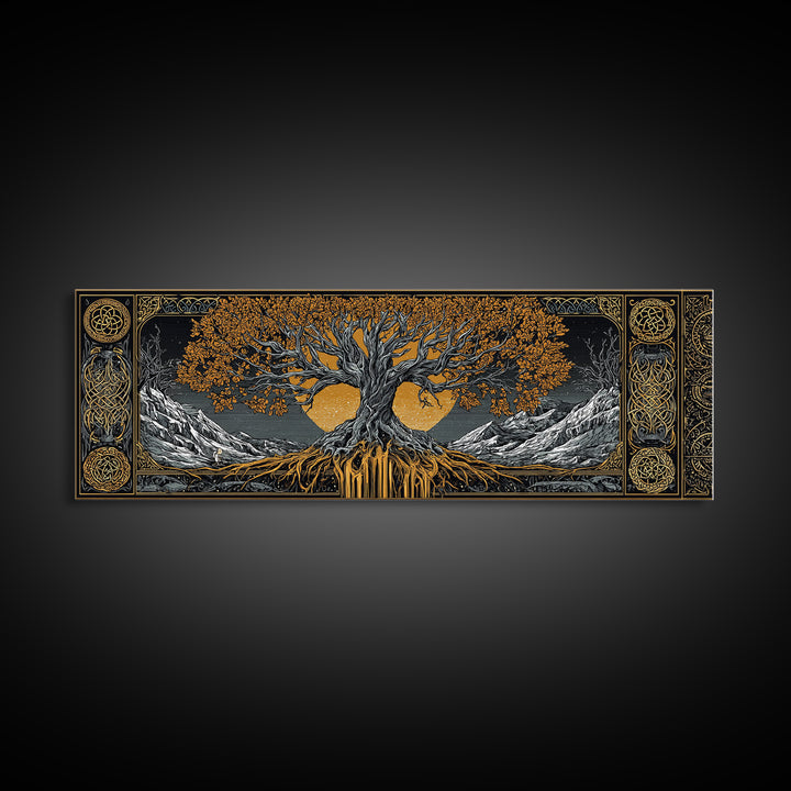 Yggdrasil Canvas Gold Art Nordic Wall Decor, Viking Mythology Canvas Art Framed in Natural Wood, Man Cave or Office Art