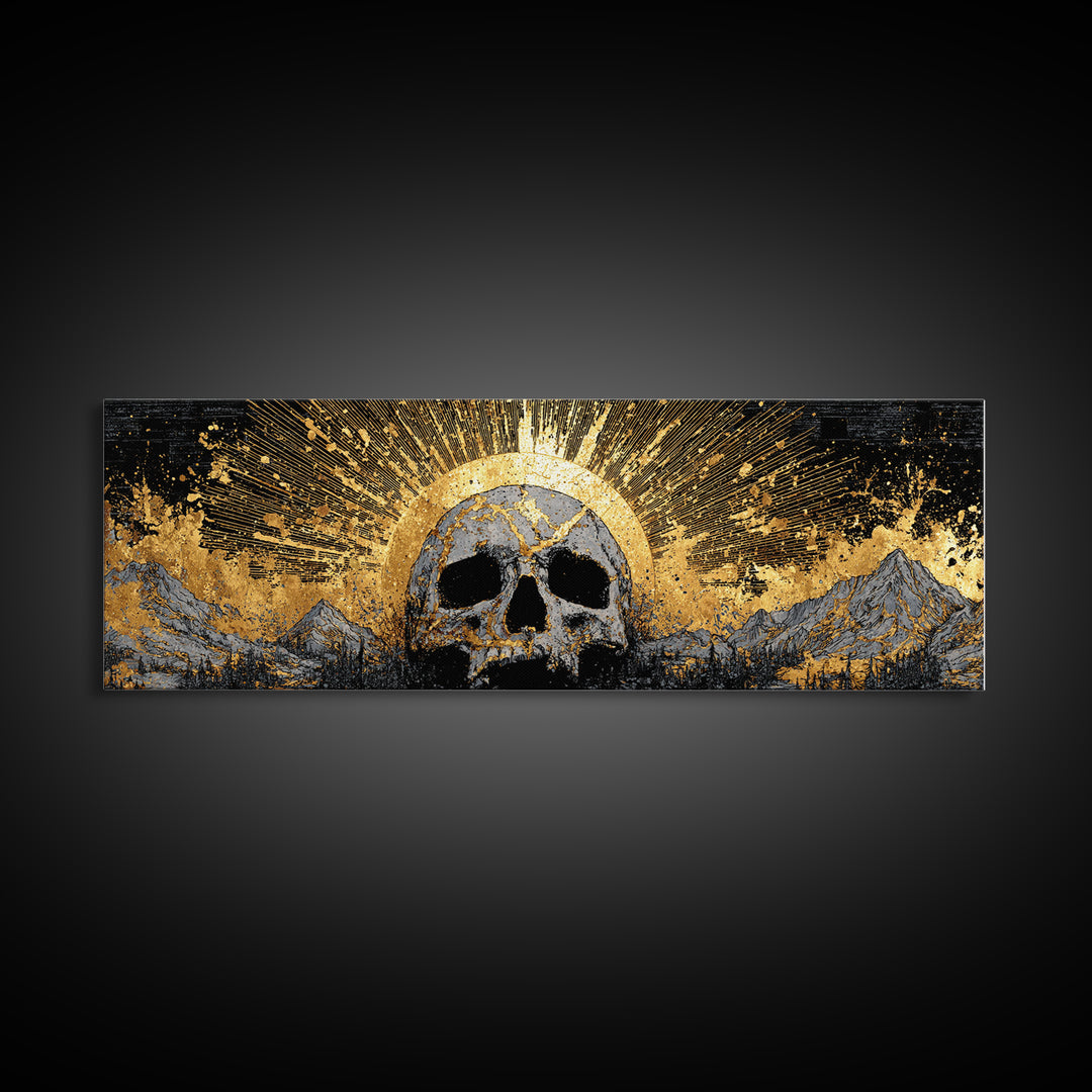 Nordic Mythology Canvas Gold Art, Ymir Skull Landscape Canvas Art with Natural Wood Frame, Viking Man Cave Wall Decor