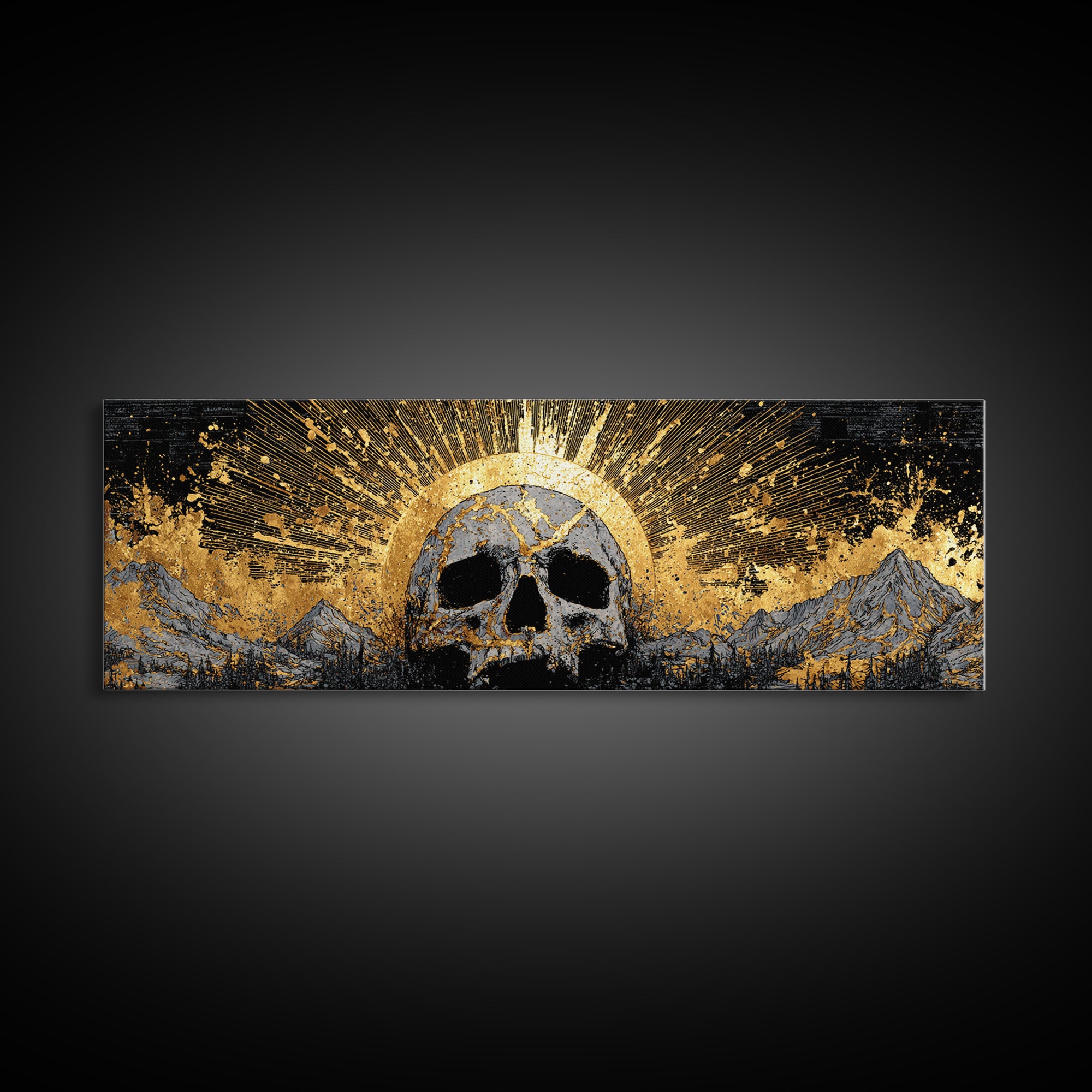 Nordic Mythology Canvas Gold Art, Ymir Skull Landscape Canvas Art with Natural Wood Frame, Viking Man Cave Wall Decor