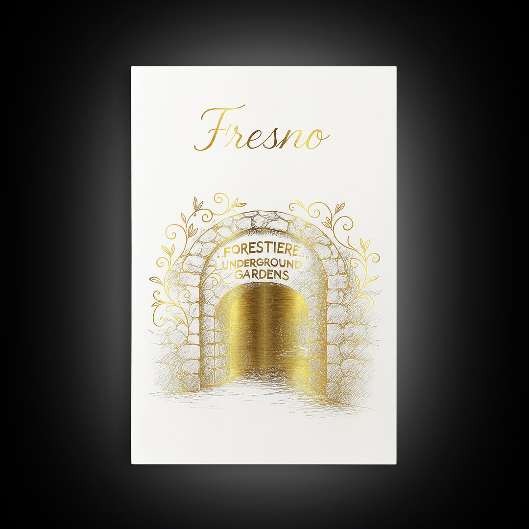 Fresno Travel Poster, Framed Canvas Print, Gold Outline Poster Art, Fresno Poster Print, Mid Century Wall Art, Gift For Travelers