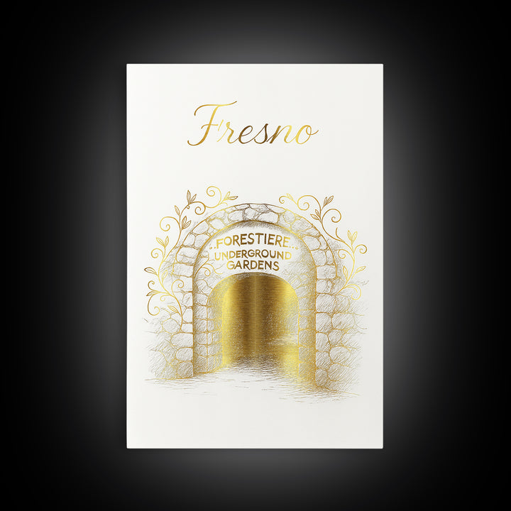 Fresno Travel Poster, Framed Canvas Print, Gold Outline Poster Art, Fresno Poster Print, Mid Century Wall Art, Gift For Travelers