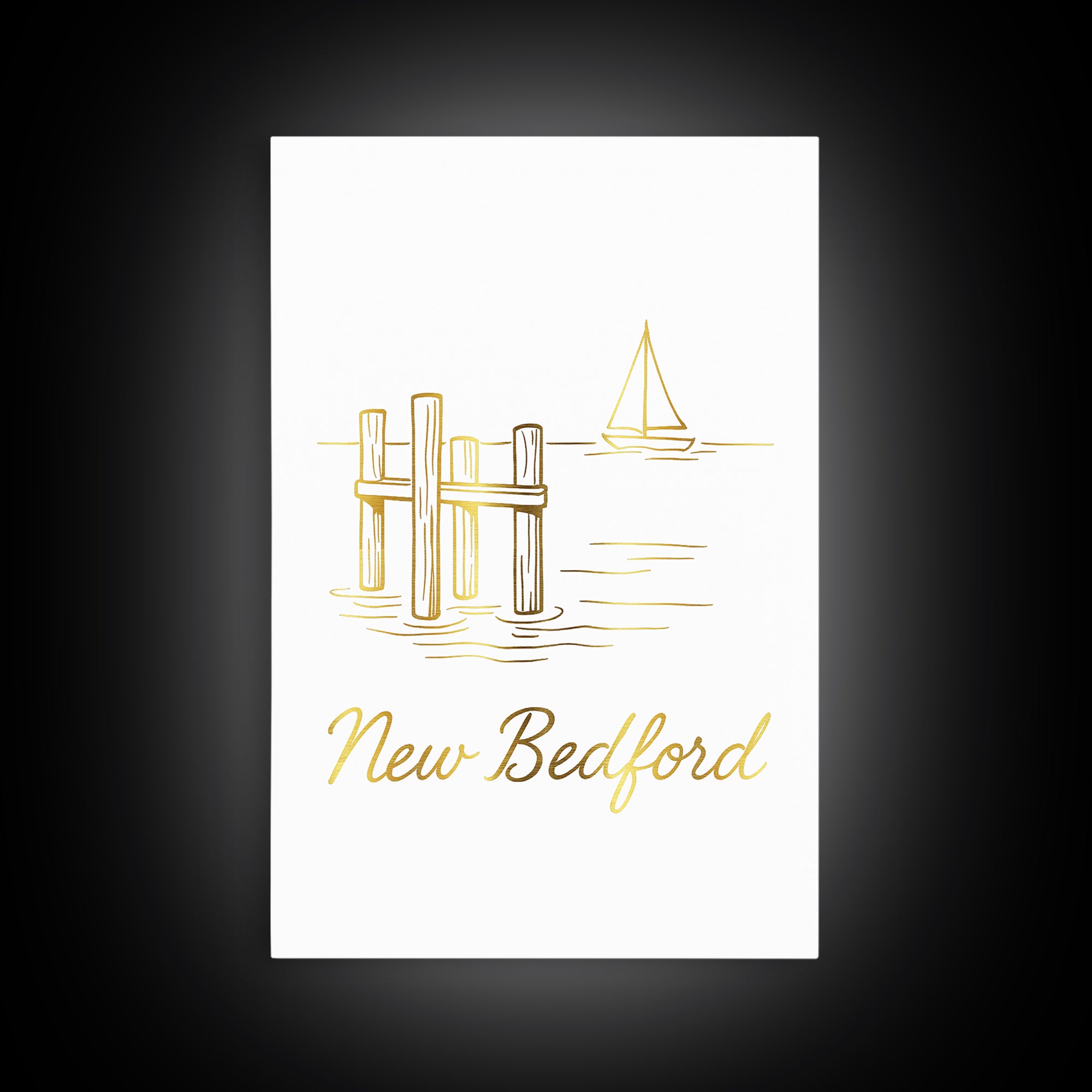 New Bedford Travel Poster, Framed Canvas Print, Minimalist Gold Line Art, New Bedford Travel Art, Living Room Wall Art, Modern Wall Decor
