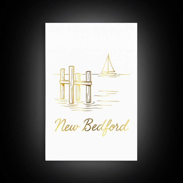 New Bedford Travel Poster, Framed Canvas Print, Minimalist Gold Line Art, New Bedford Travel Art, Living Room Wall Art, Modern Wall Decor