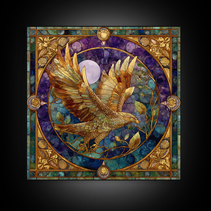 Icarus Falling Through Golden Sky and Feathers Framed Canvas Print, Mythological Art, Print, Living Room Decor, Oil Painting, MYT-1x1-28