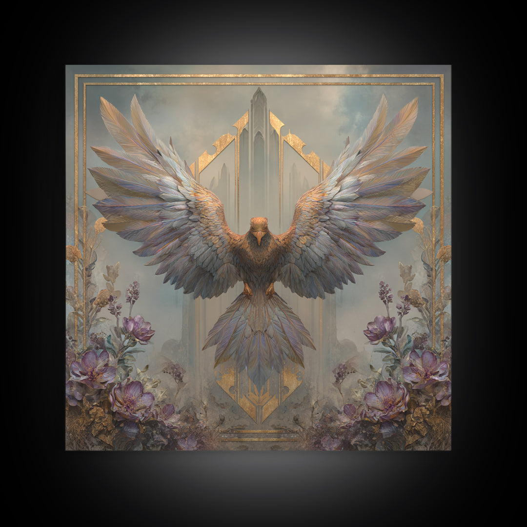Icarus Falling Through Golden Sky and Feathers Framed Canvas Print, Mythological Art, Living Room Decor, Fine Art, Legend, MYT-1x1-52