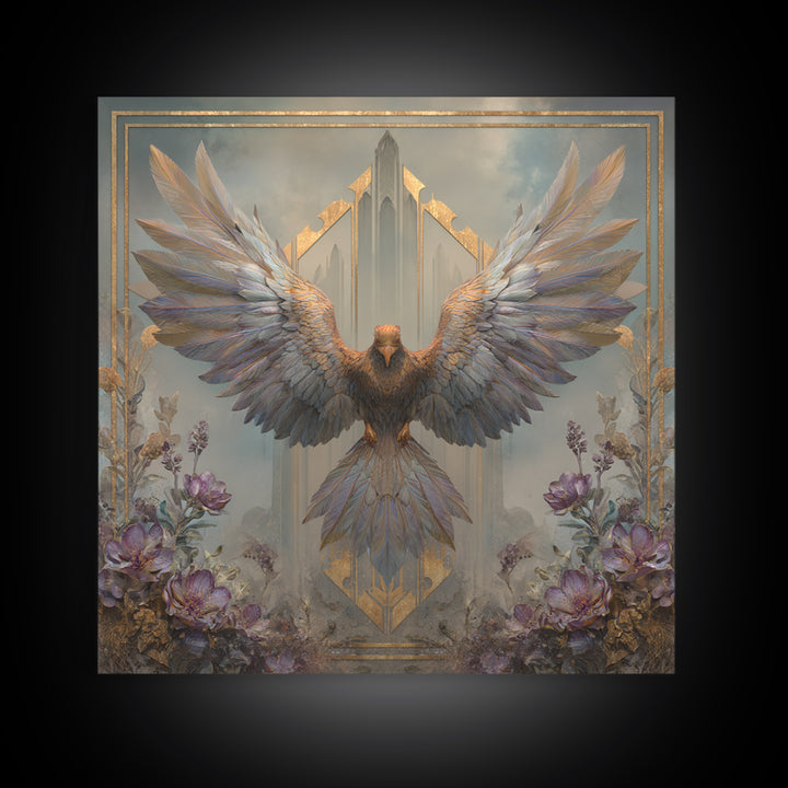 Icarus Falling Through Golden Sky and Feathers Framed Canvas Print, Mythological Art, Living Room Decor, Fine Art, Legend, MYT-1x1-52