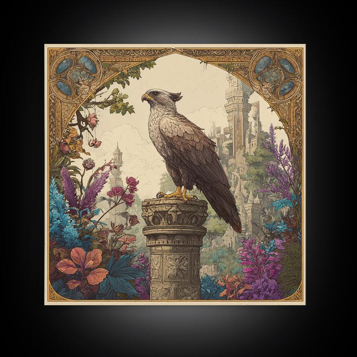 Griffin Perched on Ancient Stone Column Canvas Print, Mythological Art, Neutral Decor, Living Room Decor, Fine Art, Legend, MYT-1x1-86