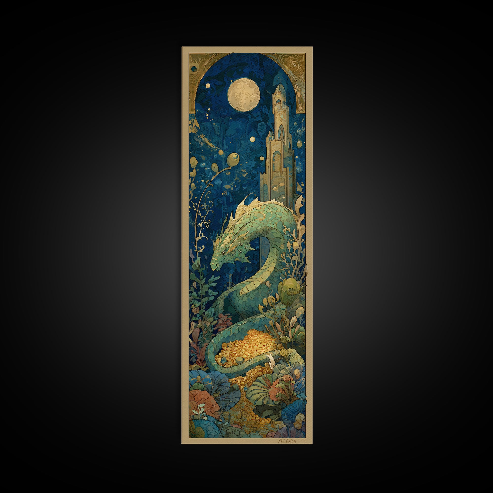 Dragon Guarding a Hoard of Ancient Gold Canvas Print, Mythological Art, Art Print, Living Room Decor, Fine Art, Legend, MYT-1x3-56