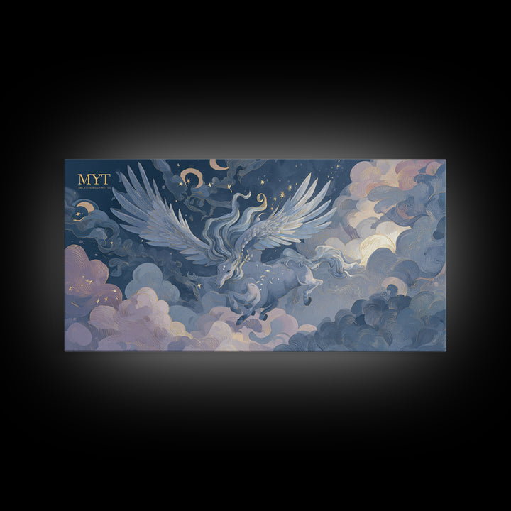 Pegasus Flying Above Cloud Kingdom Canvas Print, Mythological Art, Contemporary Art, Living Room Decor, Fine Art, Legend, MYT-2x1-17