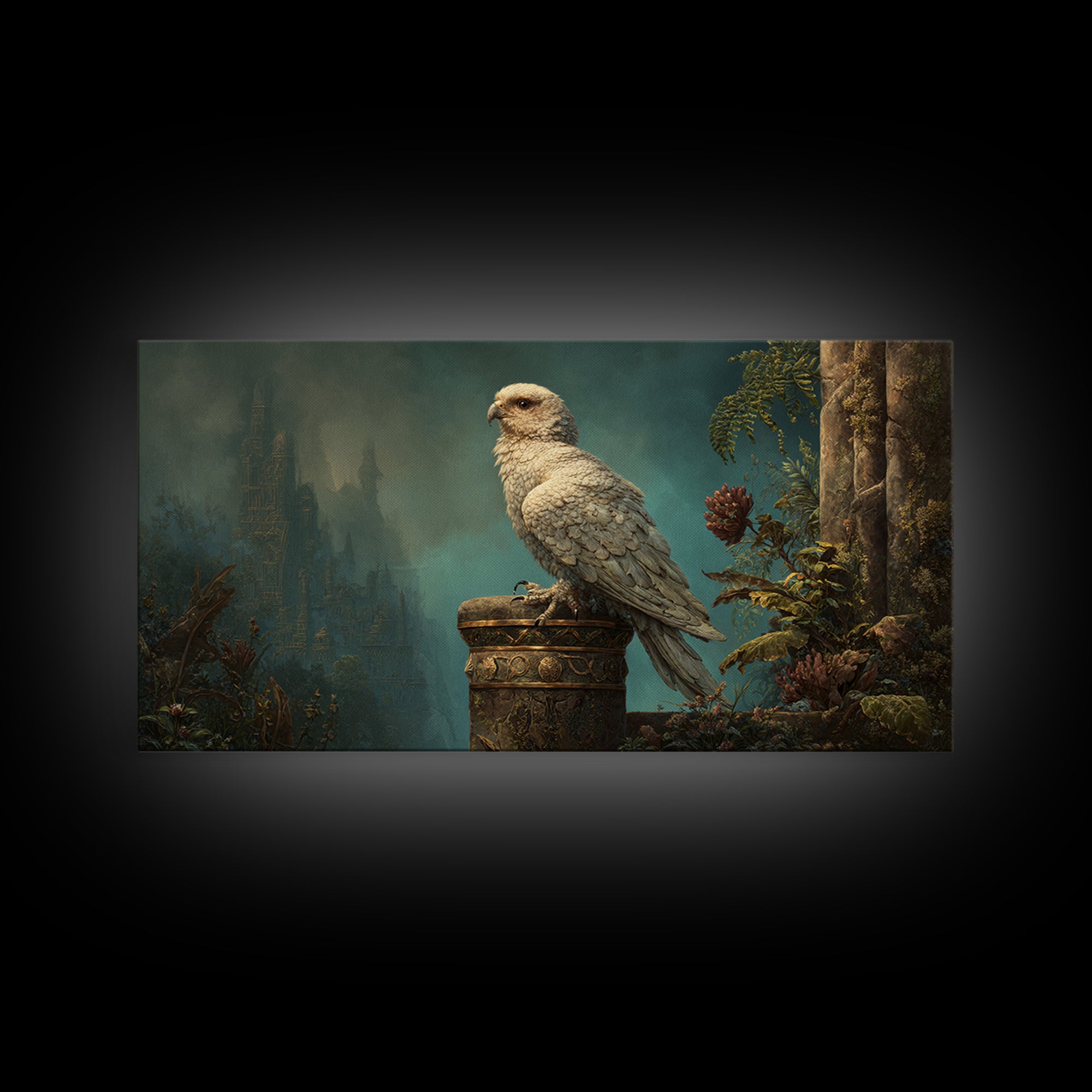 Griffin Perched on Ancient Stone Column Framed Canvas Print, Mythological Art, Luxury Decor, Living Room Decor, Legend, MYT-2x1-34