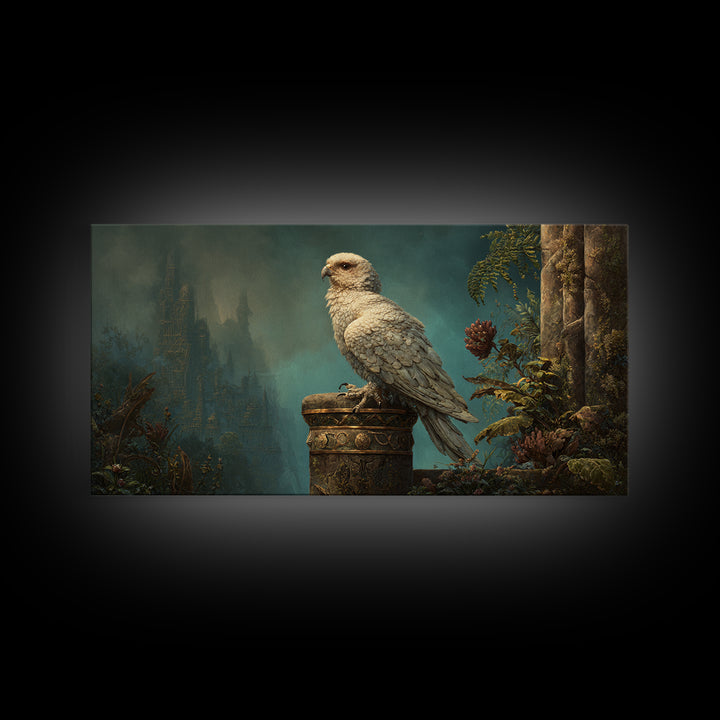 Griffin Perched on Ancient Stone Column Framed Canvas Print, Mythological Art, Luxury Decor, Living Room Decor, Legend, MYT-2x1-34