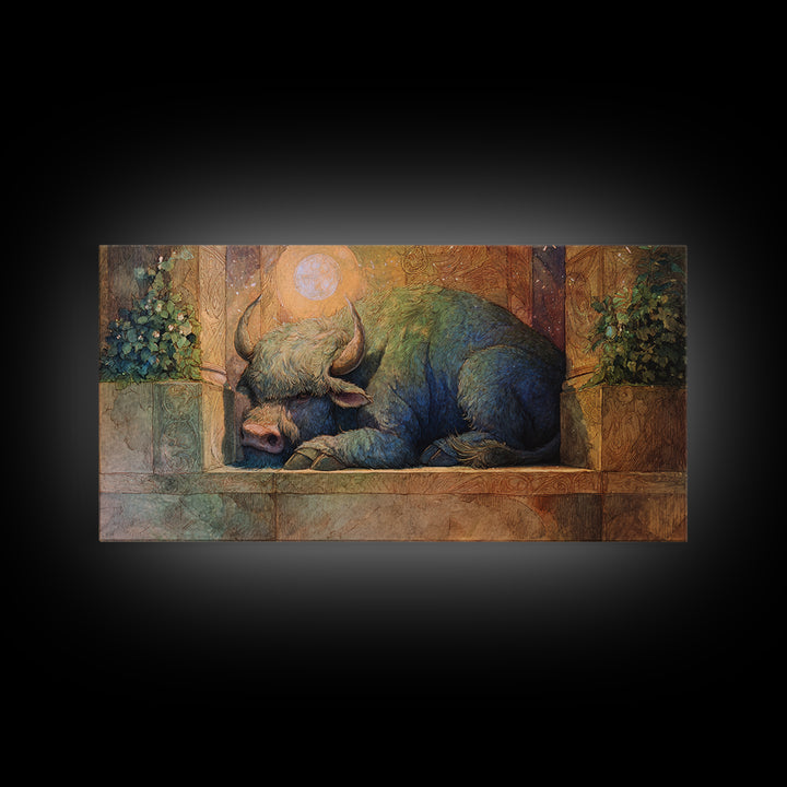 Minotaur in Labyrinth of Warm Stone Framed Canvas Print, Mythological Art, Minimalist Decor, Living Room Decor, Legend, MYT-2x1-37