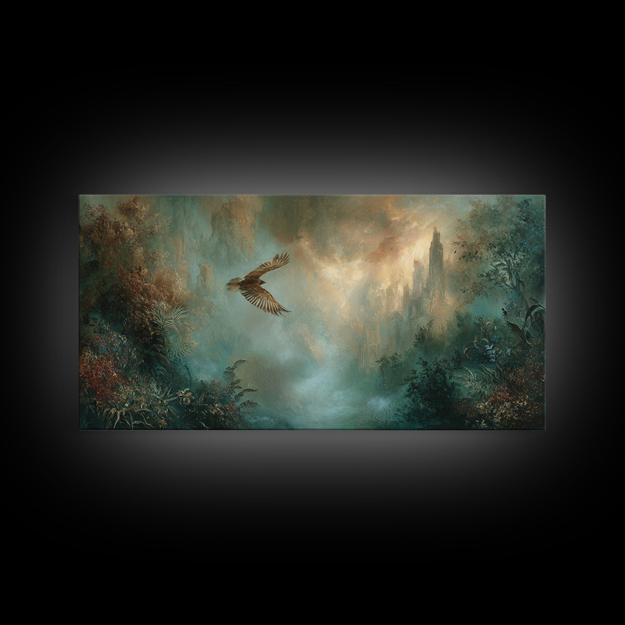 Icarus Falling Through Golden Sky and Feathers Canvas Print, Mythological Art, Art, Living Room Decor, Fine Art, Legend, MYT-2x1-48