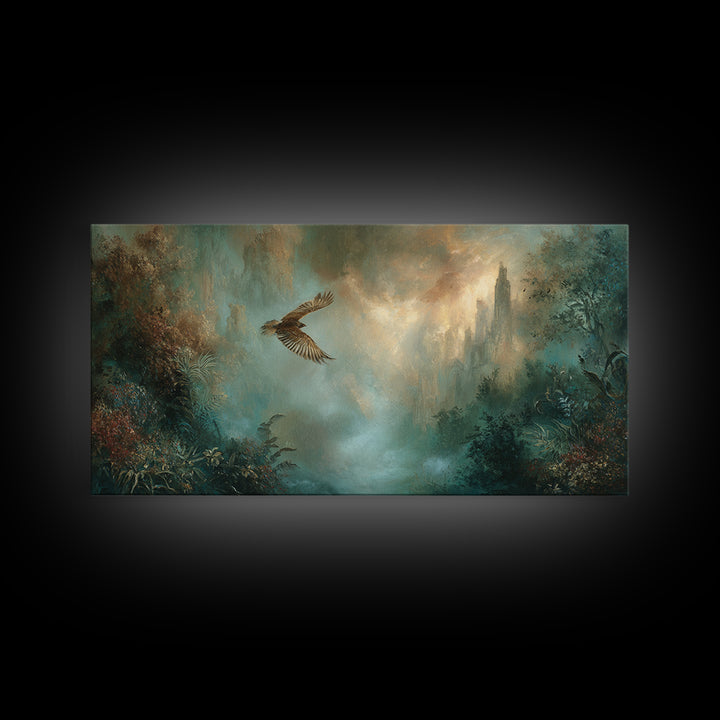 Icarus Falling Through Golden Sky and Feathers Canvas Print, Mythological Art, Art, Living Room Decor, Fine Art, Legend, MYT-2x1-48