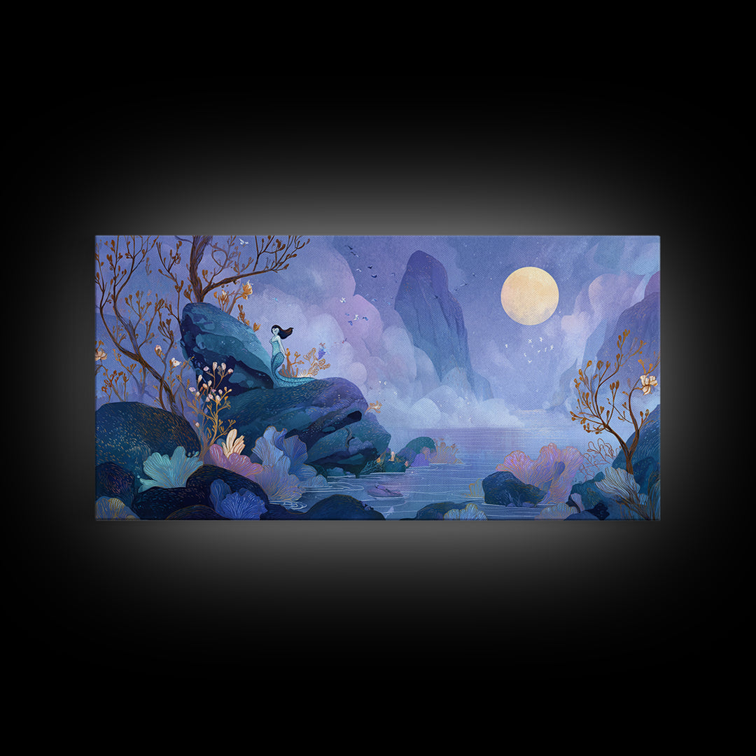 Mermaid Siren on Rocks Framed Canvas Print, Mythological Art, Contemporary Art, Living Room Decor, Legend, Digital Wall Art, MYT-2x1-83