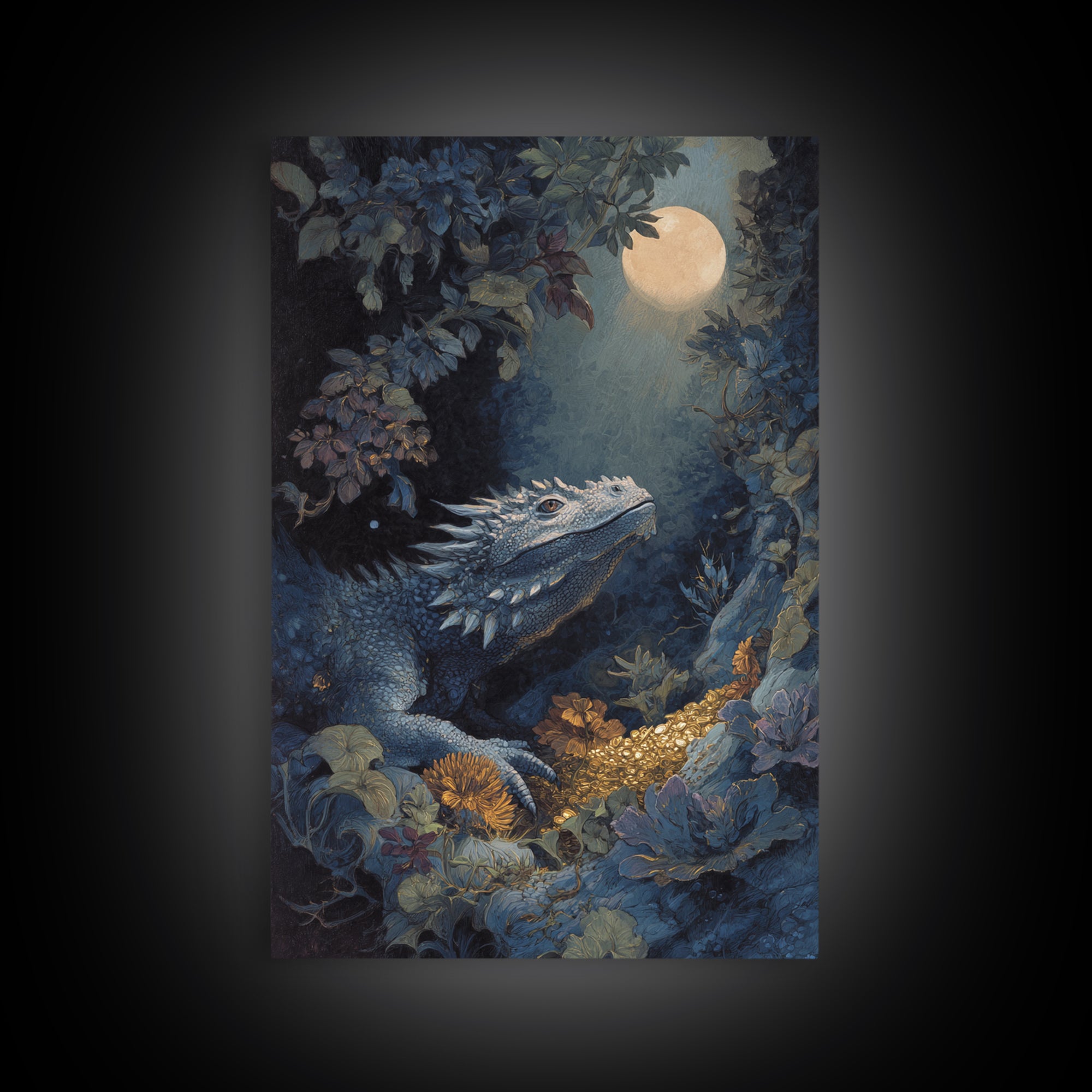 Dragon Guarding a Hoard of Ancient Gold Framed Canvas Print, Mythological Art, Luxury Decor, Living Room Decor, Legend, MYT-2x3-100