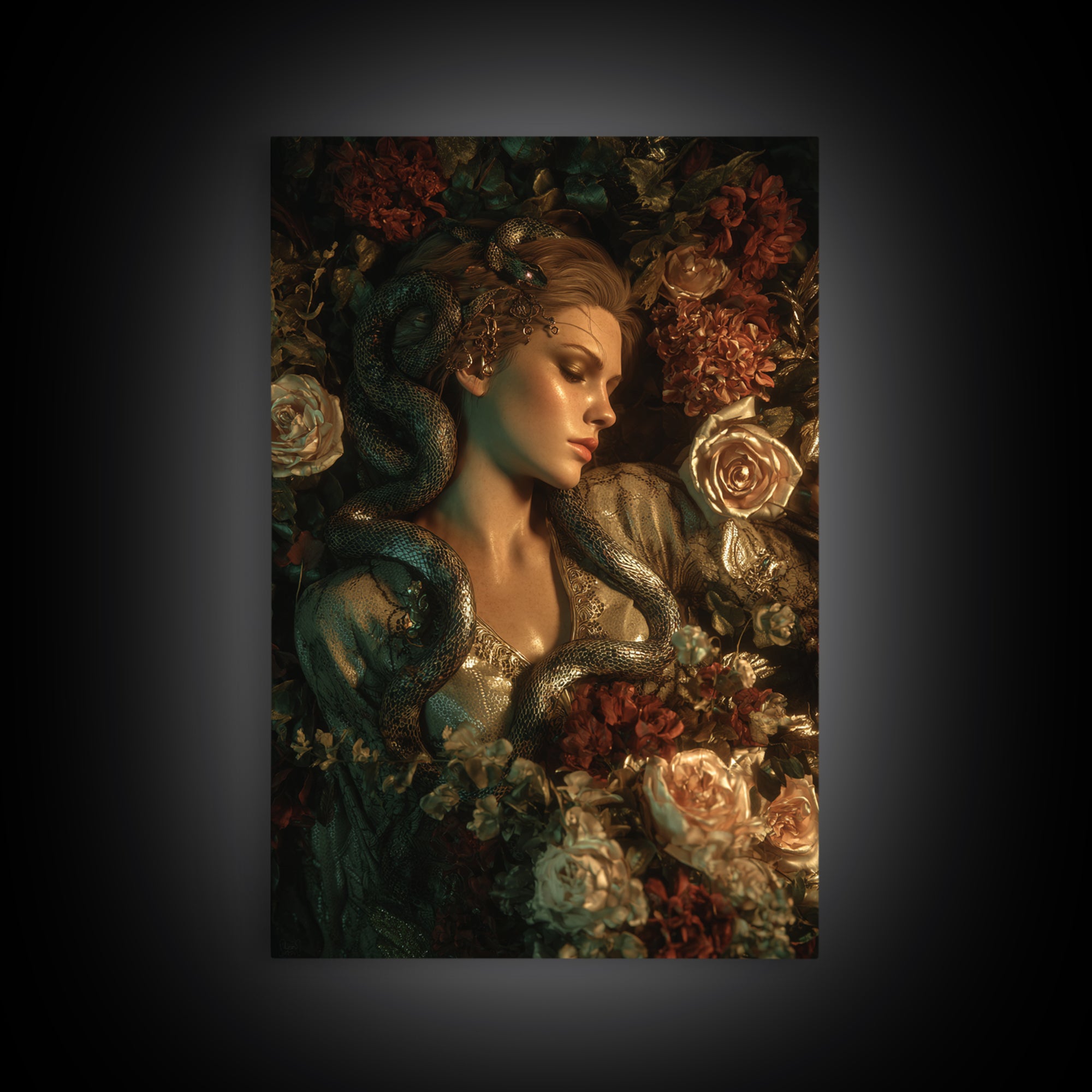 Medusa Portrait with Serpents and Tragic Beauty Framed Canvas Print, Mythological Art, Art Print, Living Room Decor, Legend, MYT-2x3-33