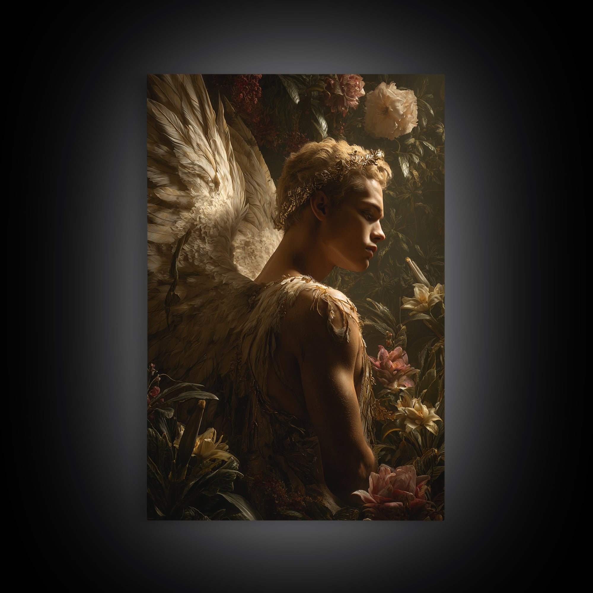 Icarus Falling Through Golden Sky and Feathers Canvas Print, Mythological Art, Living Room Wall Art, Living Room Decor, Legend, MYT-2x3-36