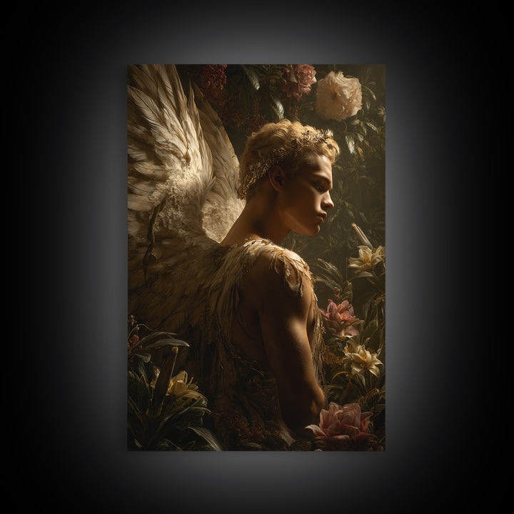 Icarus Falling Through Golden Sky and Feathers Canvas Print, Mythological Art, Living Room Wall Art, Living Room Decor, Legend, MYT-2x3-36