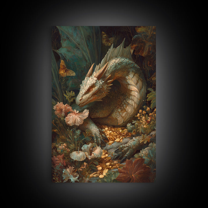 Dragon Guarding a Hoard of Ancient Gold Framed Canvas Print, Mythological Art, Fine Art Print, Living Room Decor, Legend, MYT-2x3-4