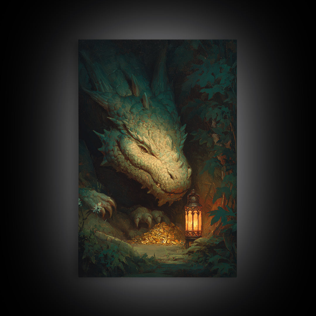 Dragon Guarding a Hoard of Ancient Gold Framed Canvas Print, Mythological Art, Gothic Home Decor, Living Room Decor, Legend, MYT-2x3-76