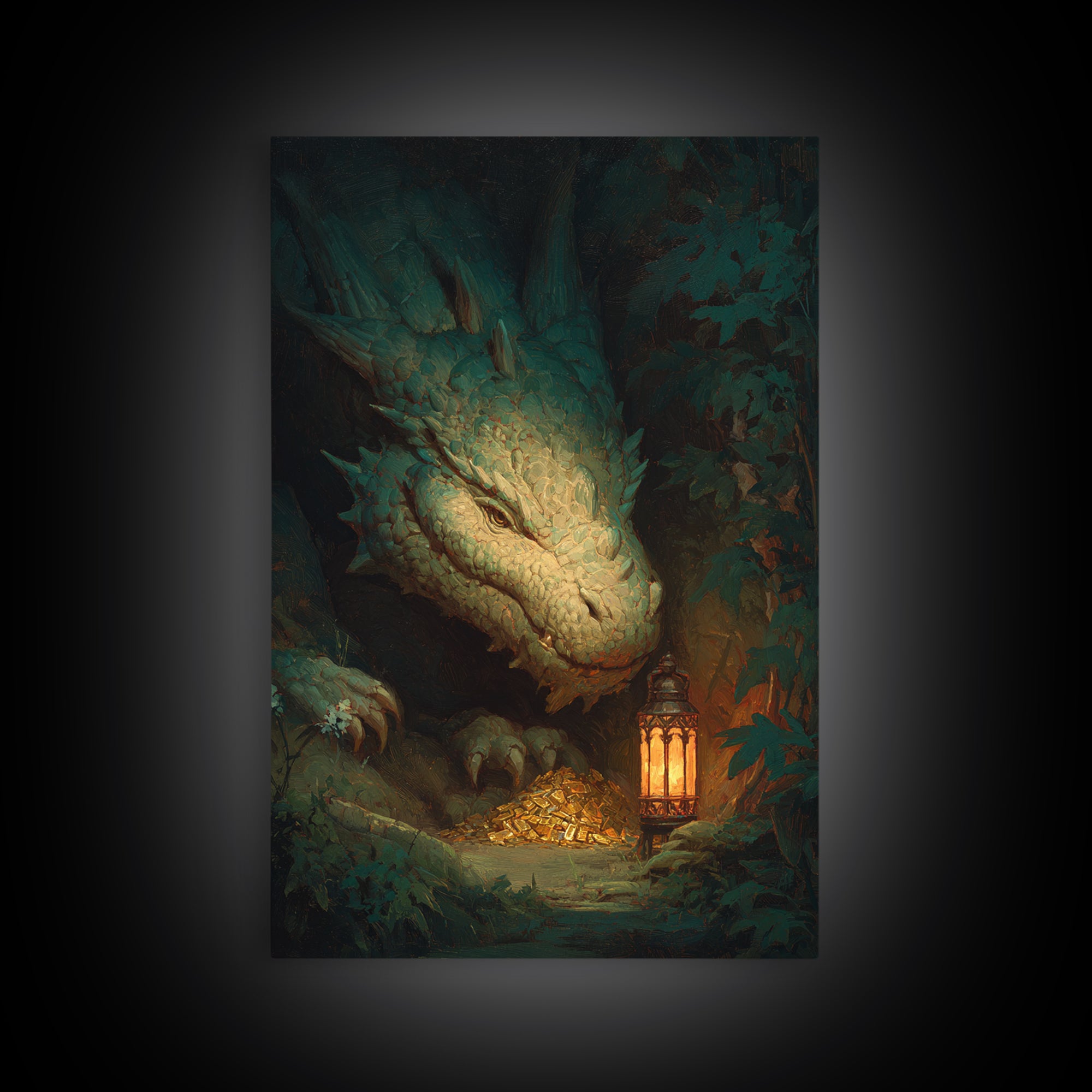 Dragon Guarding a Hoard of Ancient Gold Framed Canvas Print, Mythological Art, Gothic Home Decor, Living Room Decor, Legend, MYT-2x3-76