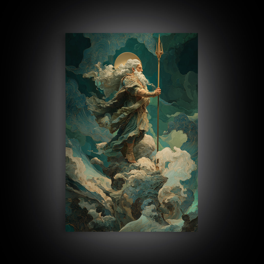 Poseidon Figure Rising from Stormy Ocean Framed Canvas Print, Mythological Art, Portrait, Living Room Decor, Fine Art, Legend, MYT-2x3-83