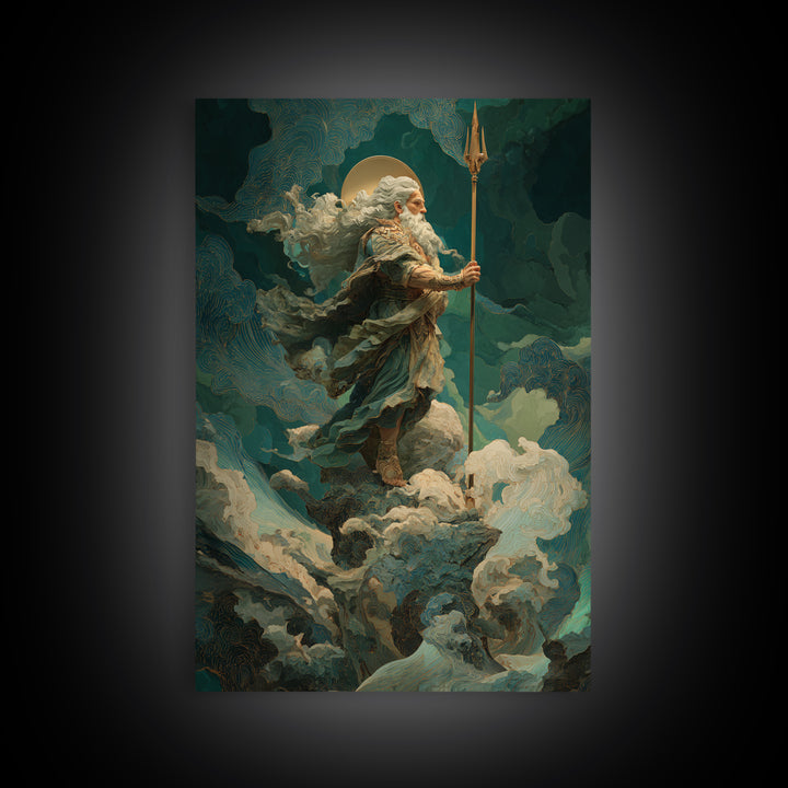 Poseidon Figure Rising from Stormy Ocean Framed Canvas Print, Mythological Art, Portrait, Living Room Decor, Fine Art, Legend, MYT-2x3-83