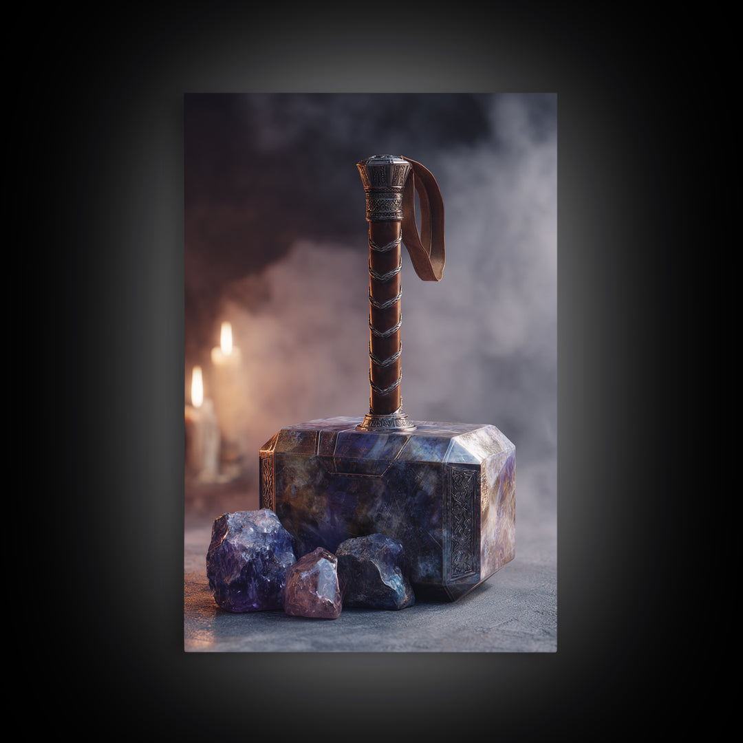 Thor Hammer and Lightning Still Life Framed Canvas Print, Mythological Art, Print, Living Room Decor, Fine Art, Legend, MYT-2x3-90