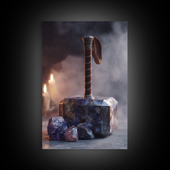 Thor Hammer and Lightning Still Life Framed Canvas Print, Mythological Art, Print, Living Room Decor, Fine Art, Legend, MYT-2x3-90
