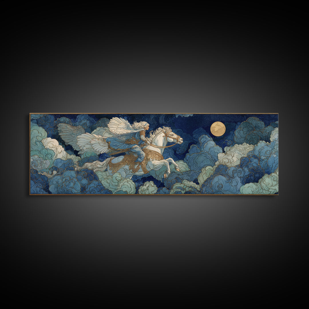 Norse Valkyrie Riding Through Storm Clouds Canvas Print, Mythological Art, Dark Academia Decor, Living Room Decor, Abstract Art, MYT-3x1-25