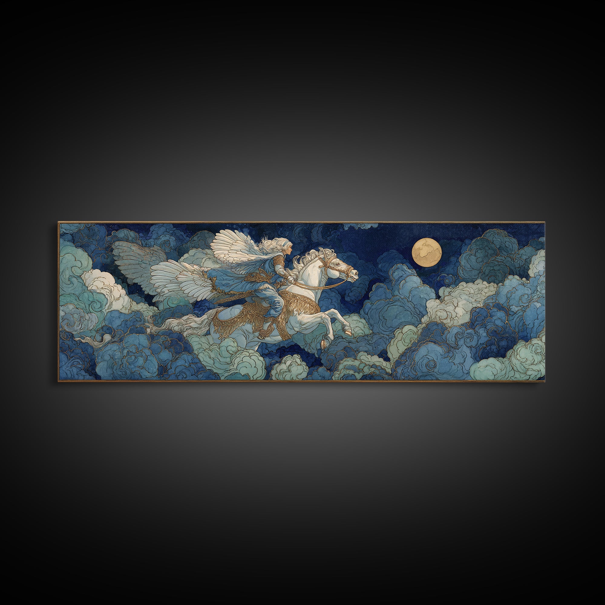 Norse Valkyrie Riding Through Storm Clouds Canvas Print, Mythological Art, Dark Academia Decor, Living Room Decor, Abstract Art, MYT-3x1-25