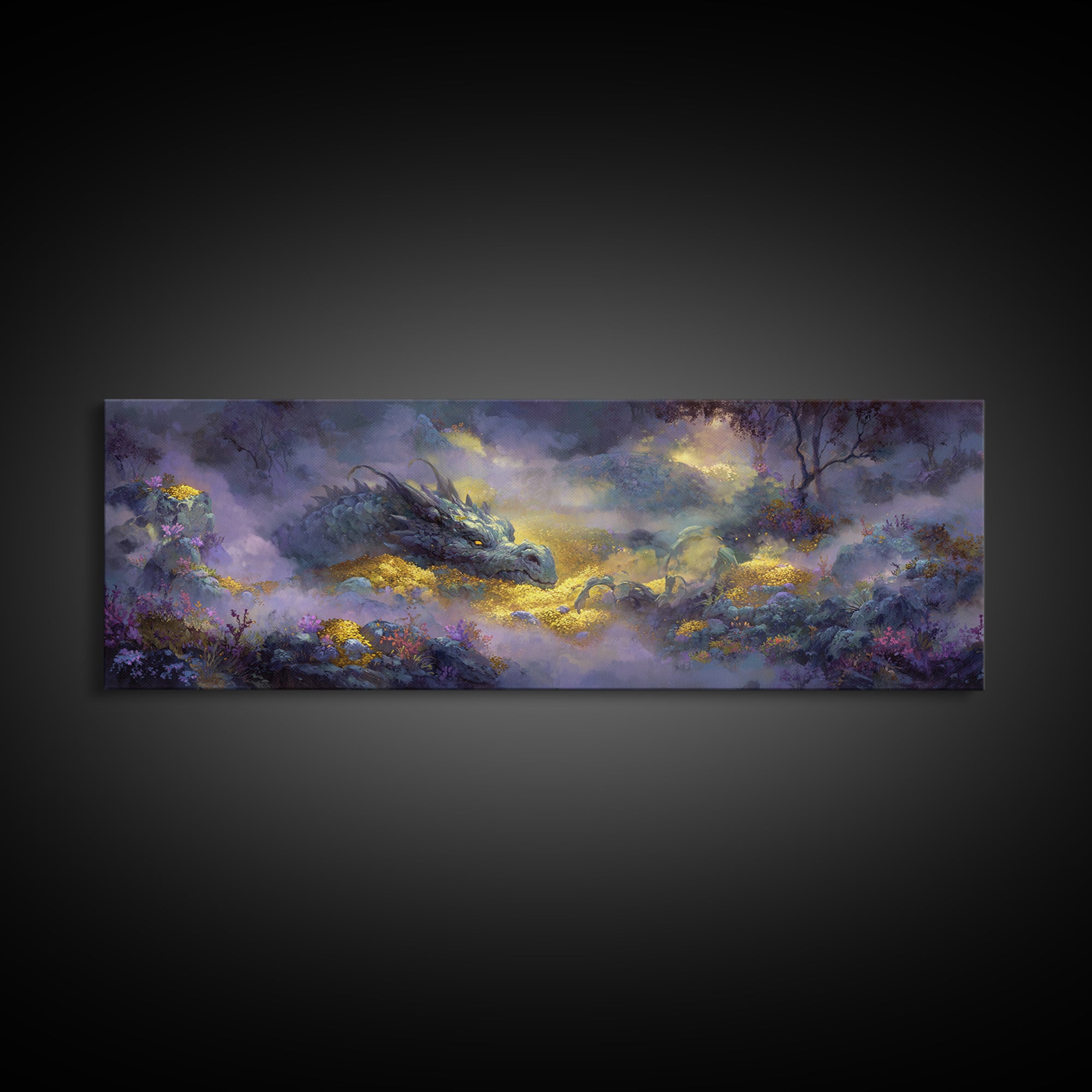 Dragon Guarding a Hoard of Ancient Gold Canvas Print, Mythological Art, Digital Art Download, Living Room Decor, Legend, MYT-3x1-36