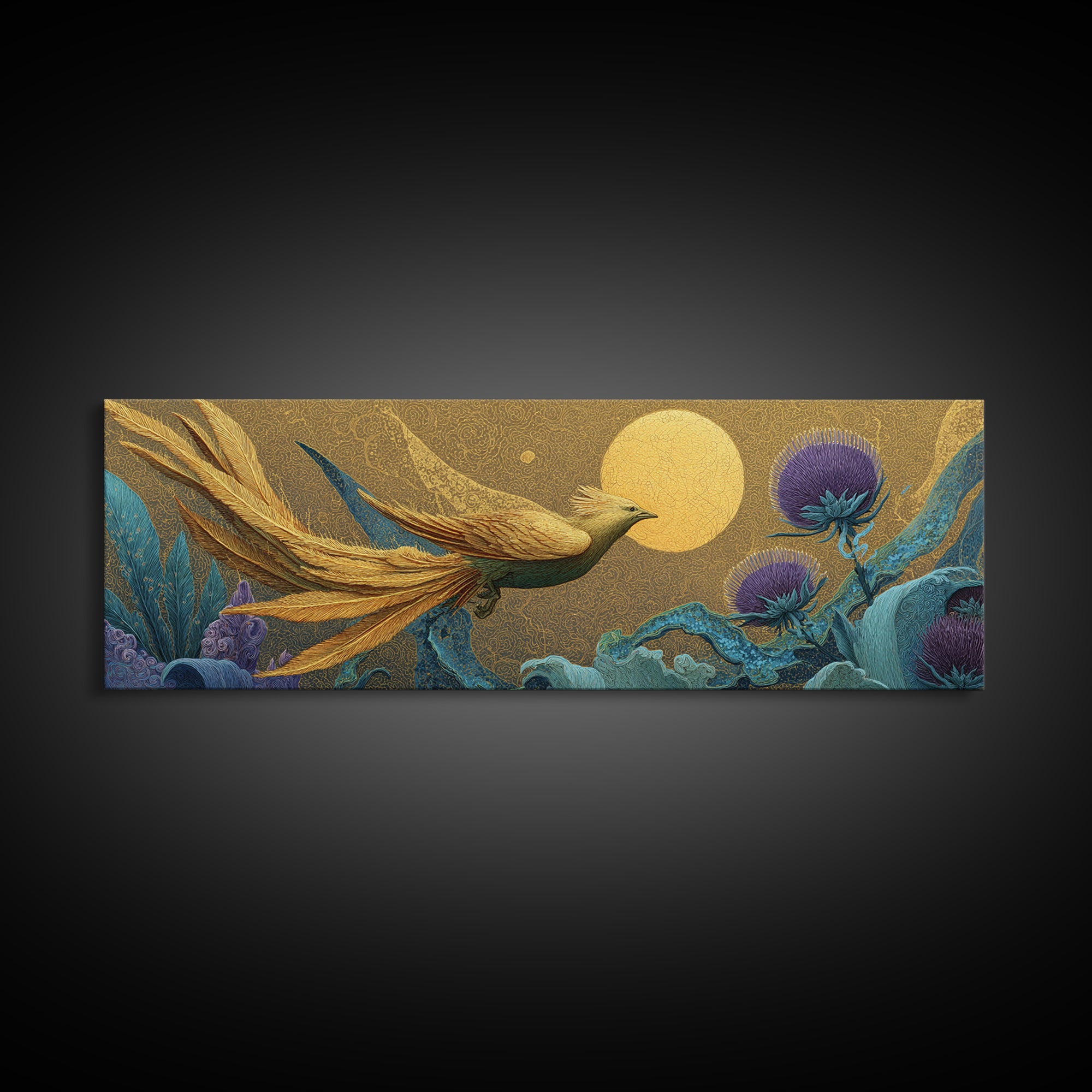 Icarus Falling Through Golden Sky and Feathers Framed Canvas Print, Mythological Art, Gallery Decor, Living Room Decor, Legend, MYT-3x1-44