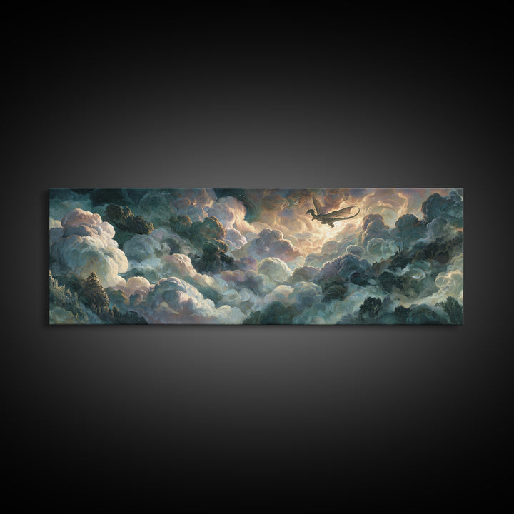 Pegasus Flying Above Cloud Kingdom Canvas Print, Mythological Art, Bedroom Wall Art, Living Room Decor, Oil Painting, Legend, MYT-3x1-85