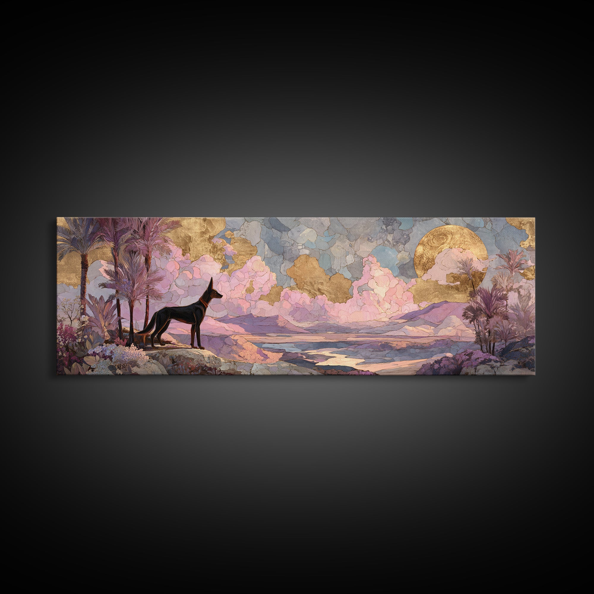 Anubis Profile with Desert Stars Framed Canvas Print, Mythological Art, Living Room Decor, Oil Painting, Legend, MYT-3x1-99