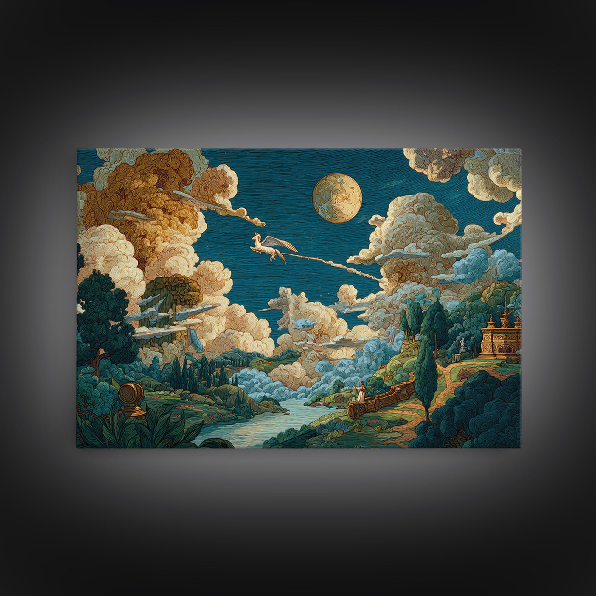 Pegasus Flying Above Cloud Kingdom Framed Canvas Print, Mythological Art, Living Room Decor, Abstract Art, Legend, Home Decor, MYT-3x2-25