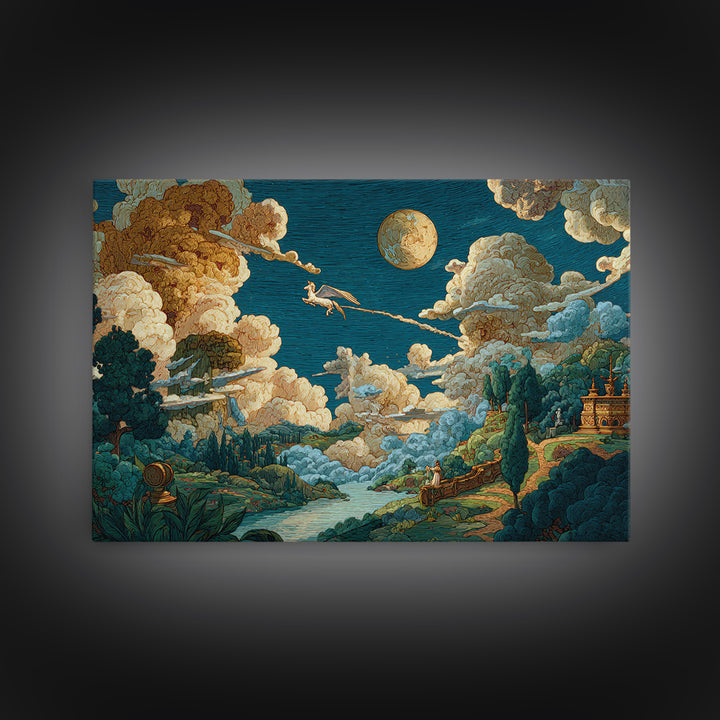 Pegasus Flying Above Cloud Kingdom Framed Canvas Print, Mythological Art, Living Room Decor, Abstract Art, Legend, Home Decor, MYT-3x2-25
