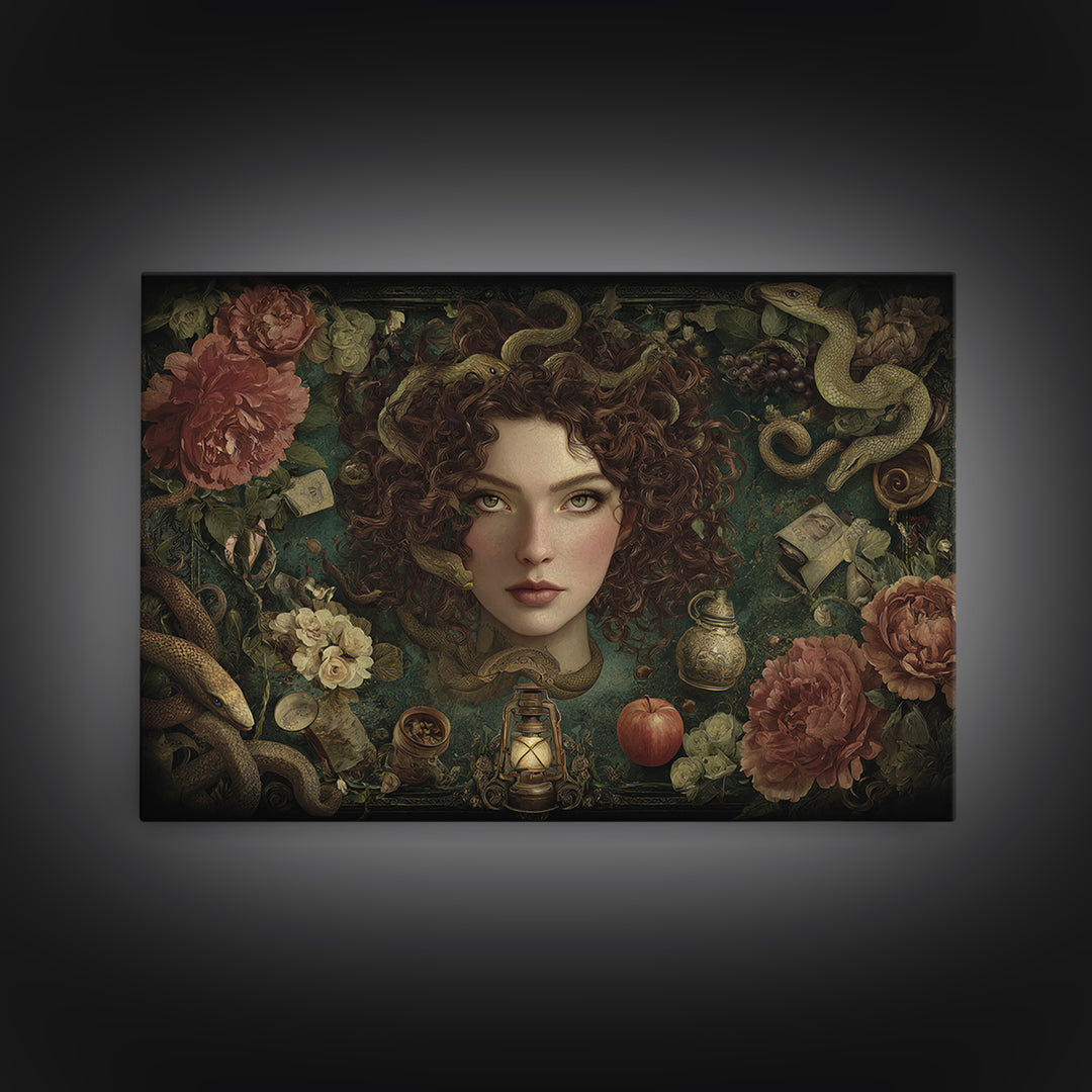 Medusa Portrait with Serpents and Tragic Beauty Canvas Print, Mythological Art, Home Decor, Living Room Decor, Legend, MYT-3x2-77