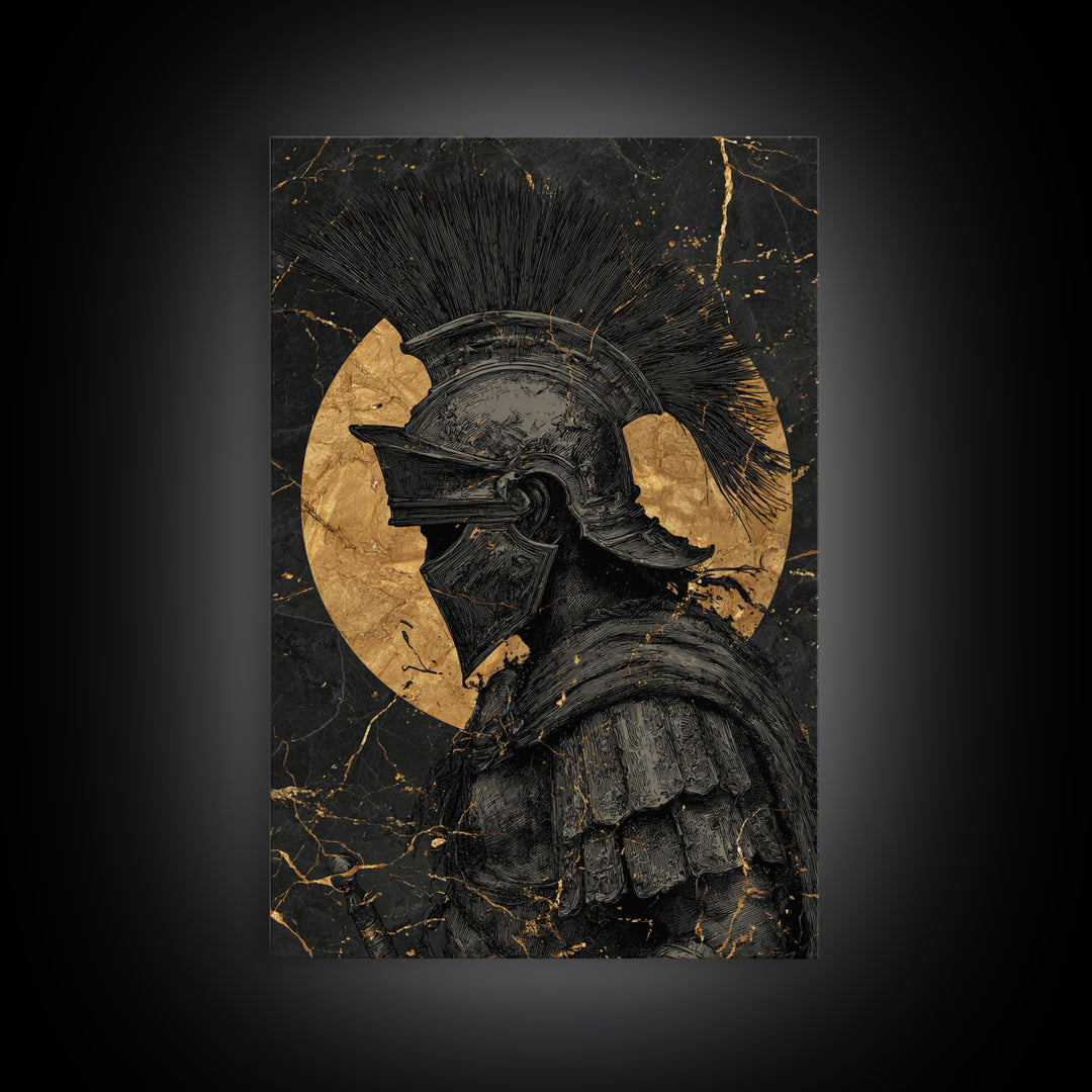 Roman Warrior Gold Canvas Print, Ancient Soldier Wall Art On Canvas, Real Wood Frame Decor, Historical Mythology Artwork