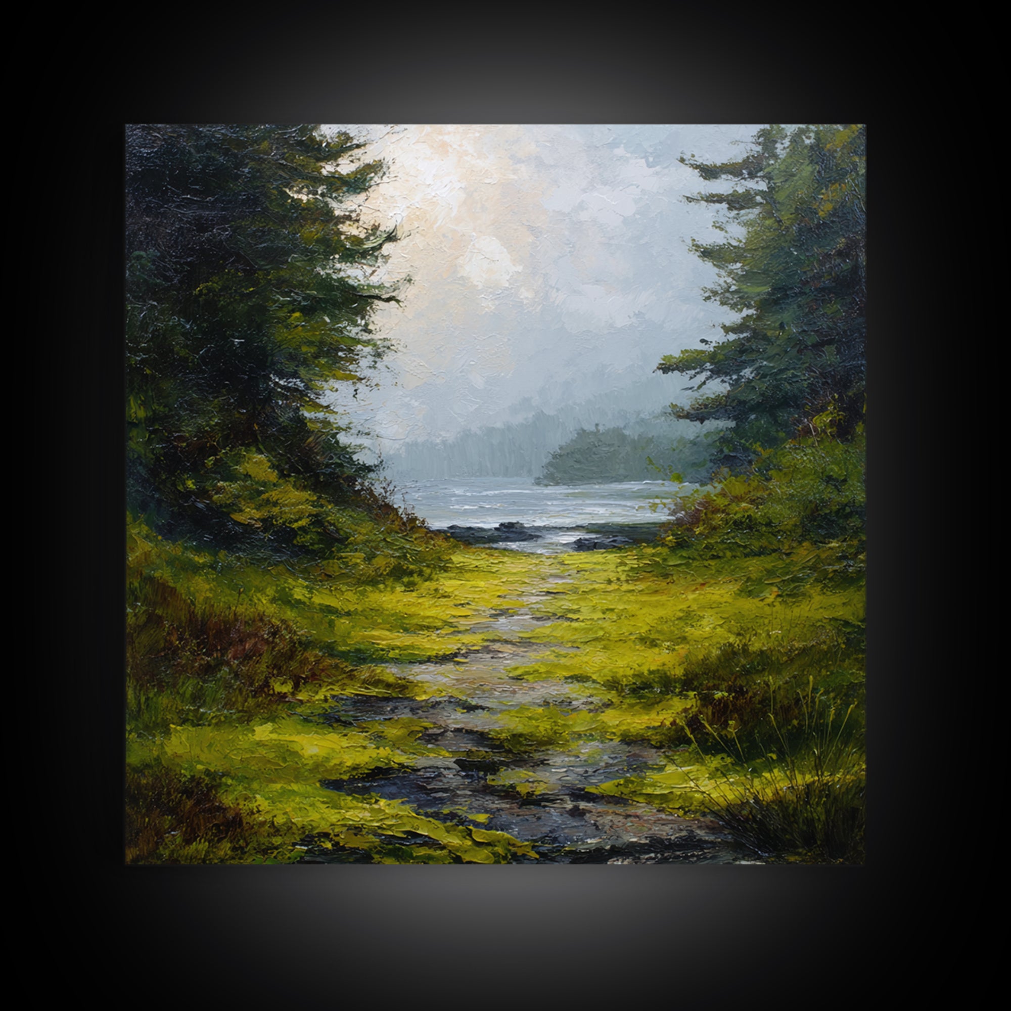 Sunlit Forest Path Framed Canvas Print, Nature Art, Bird Wall Art, Living Room Decor, Fine Art, Nature, Textured Painting, NAT-1x1-1