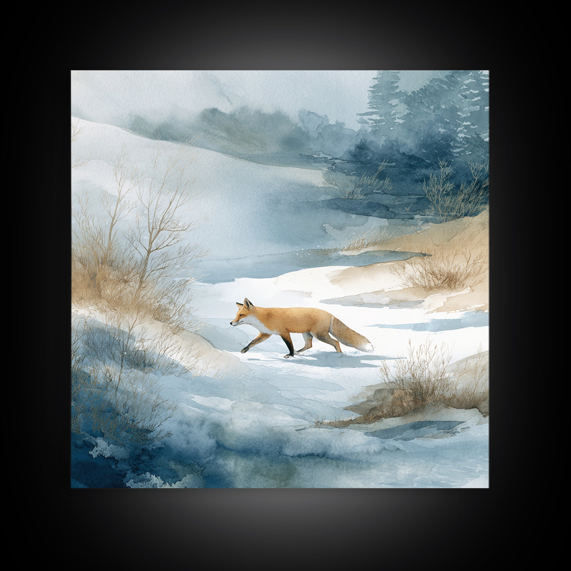 Fox Crossing a Snowy Forest Clearing Canvas Print, Nature Art, Stained Glass Art, Living Room Decor, Fine Art, Nature, NAT-1x1-10