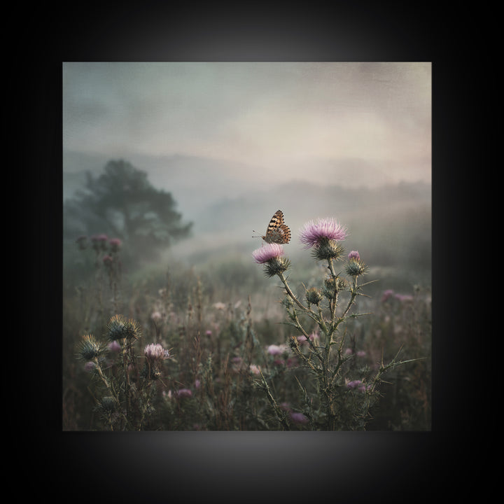 Butterfly Resting on a Blooming Thistle Framed Canvas Print, Nature Art, Mountain Art, Living Room Decor, Watercolor Art, NAT-1x1-100