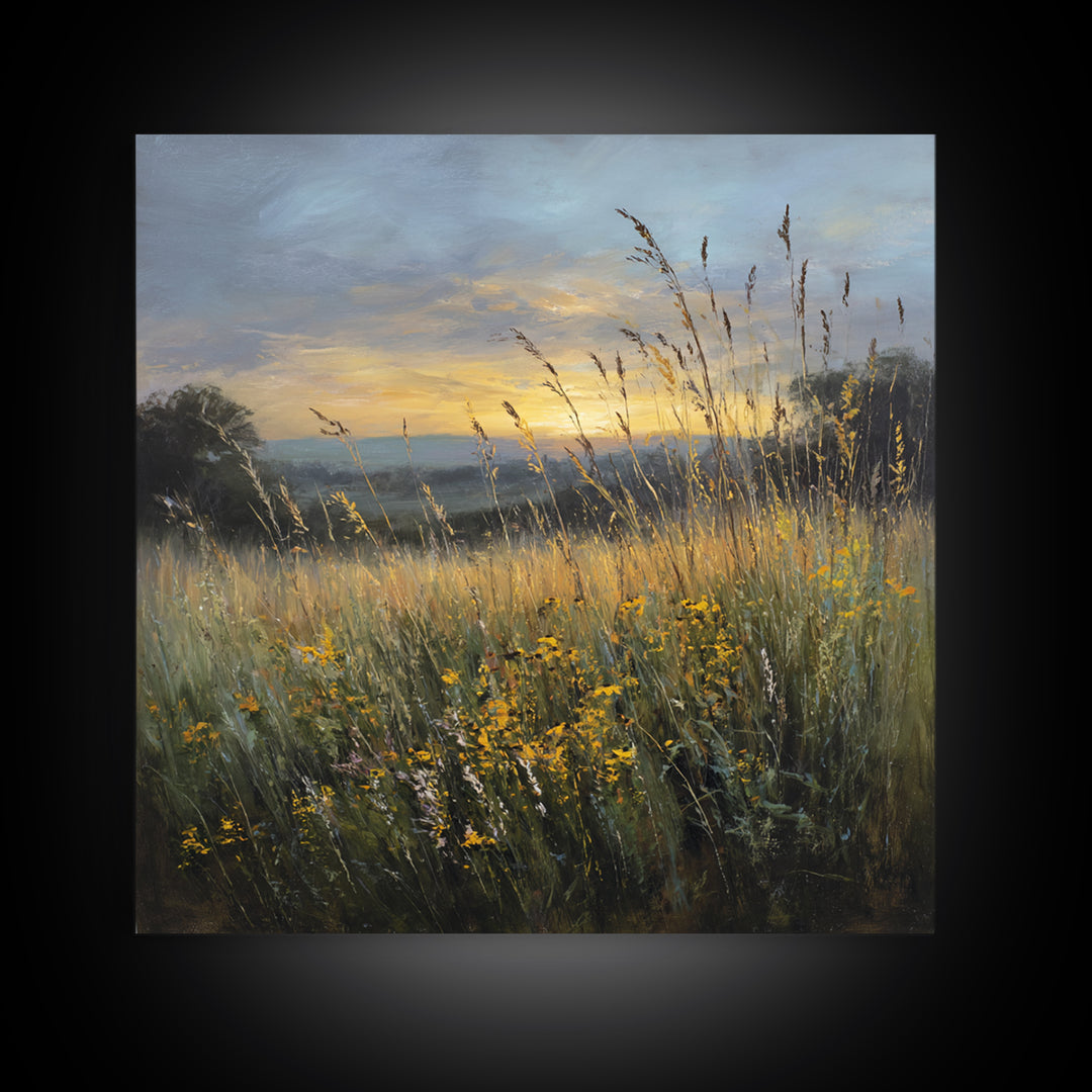 Sunrise Through Tall Grass and Wildflowers Framed Canvas Print, Nature Art, Framed Art, Living Room Decor, Watercolor Art, NAT-1x1-11