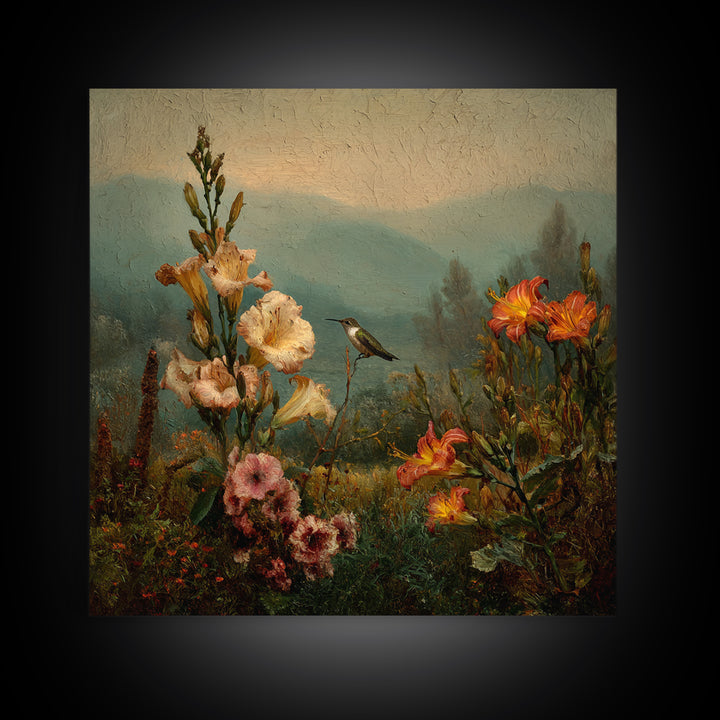 Hummingbird Beside Bright Trumpet Flowers Framed Canvas Print, Nature Art, Art, Living Room Decor, Oil Painting, Nature, NAT-1x1-12