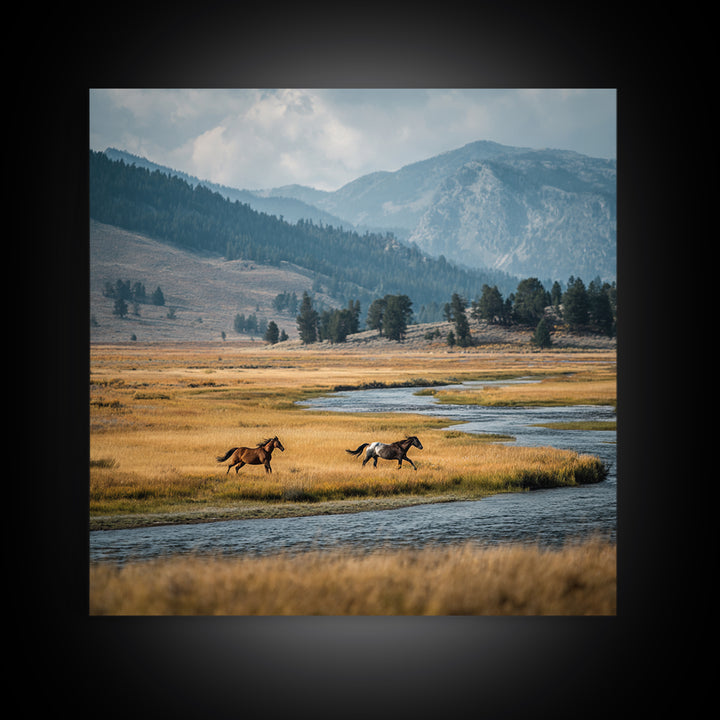Wild Horses Running Near Mountain Ridge Canvas Print, Nature Art, Modern Wall Art, Living Room Decor, Fine Art, Nature, NAT-1x1-22
