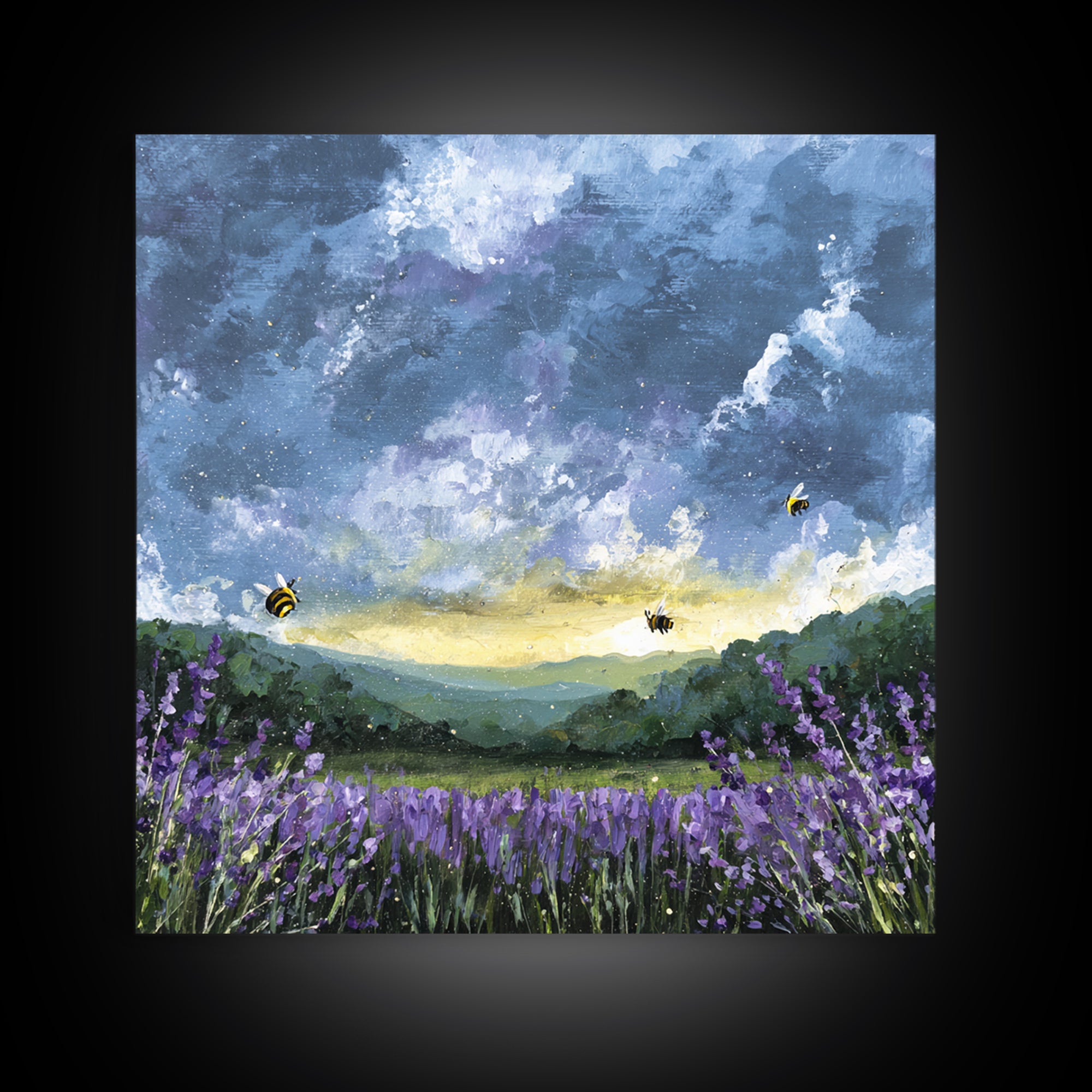 Bees Circling Lavender Blossoms Canvas Print, Nature Art, Original Painting, Living Room Decor, Nature, Mountain Wall Art, NAT-1x1-23