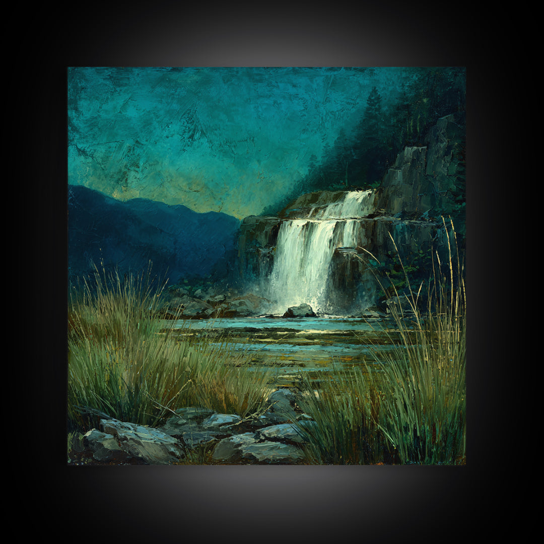 Waterfall Hidden Among Dark Green Rocks Framed Canvas Print, Nature Art, 3d Wall Art, Living Room Decor, Fine Art, Nature, NAT-1x1-27